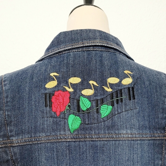 FDJ French Dressing Woman's Denim Jacket Embroidered Roses & Music Notes Size XL - Picture 5 of 13